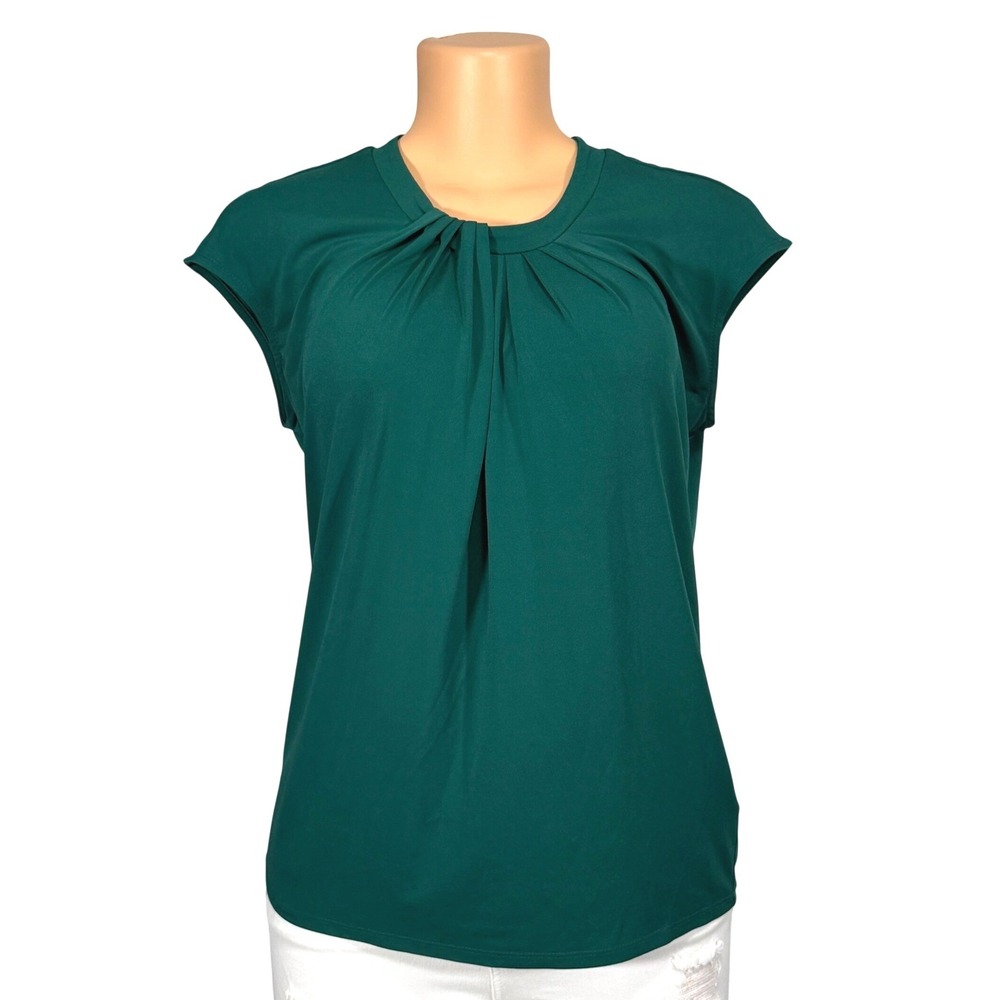 Liz Claiborne Career Womens Medium Dark Green Pleated Cap Sleeve Blouse Top M